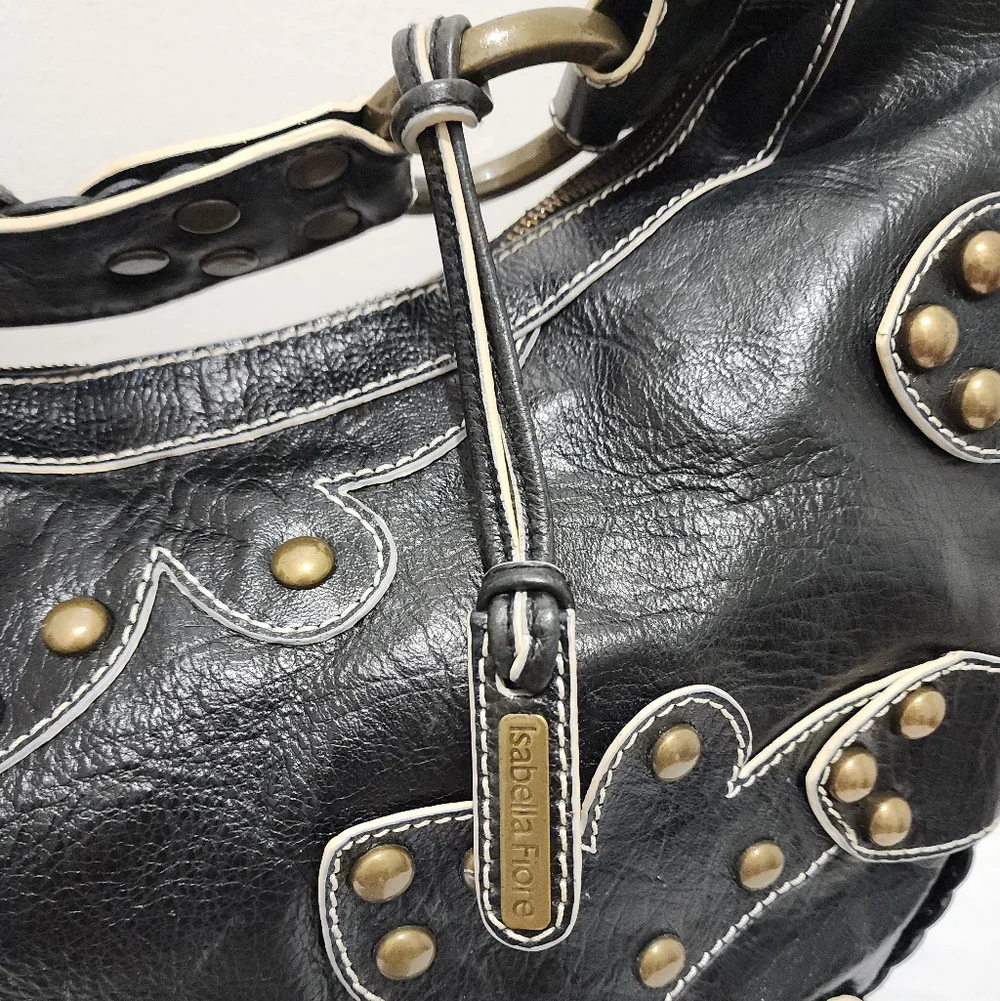 Isabella Fiore Black Leather Studded Braided Hobo Shoulder Bag Boho Western Chic - Picture 14 of 15